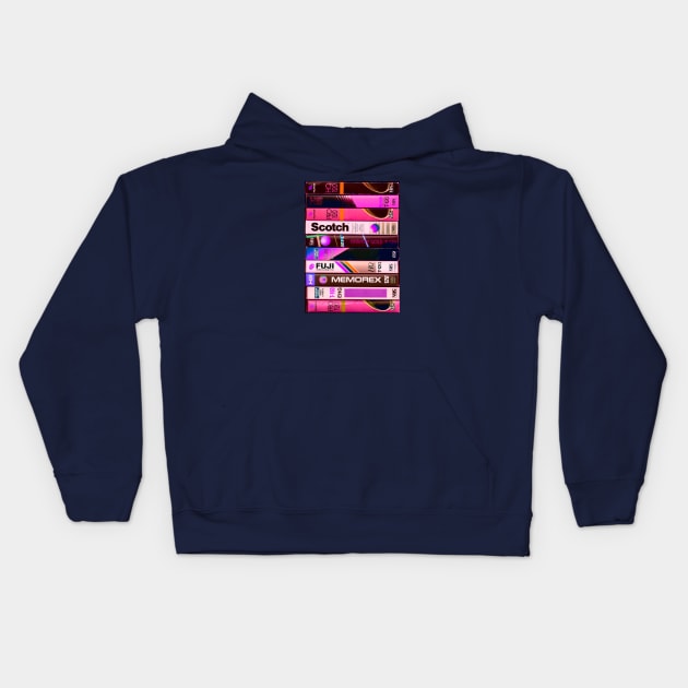 90s Retro VHS Tapes Neon Pink Kids Hoodie by ShinyPlasticRainbow